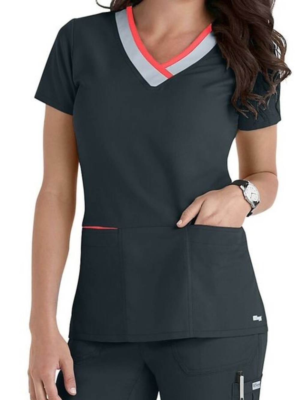 Grey's Anatomy V‑Neck Scrub Top - Charcoal Gray with Coral